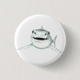 watercolor shark smiling gray green ocean animal button