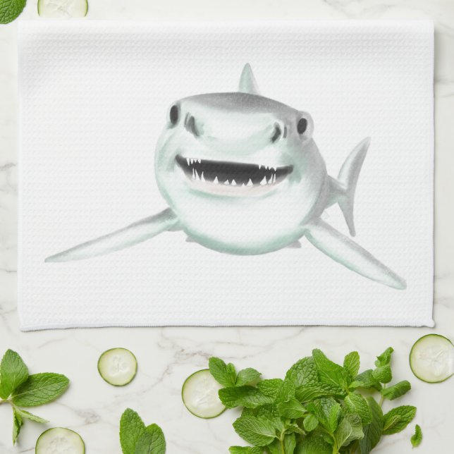 watercolor shark smiling gray green ocean animal  kitchen towel (Folded)