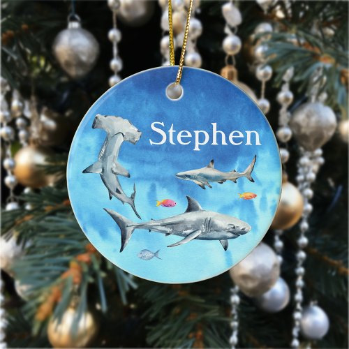 Watercolor Sharks Hammerhead Great White Reef Ceramic Ornament