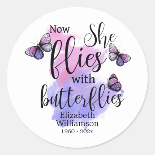 Watercolor She Flies With Butterflies Memorial Classic Round Sticker