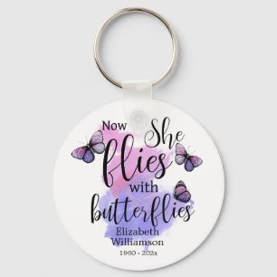 Watercolor She Flies With Butterflies Memorial Keychain