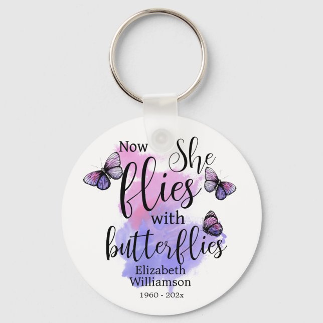 Watercolor She Flies With Butterflies Memorial Keychain (Front)