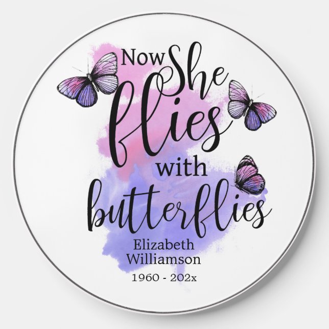 Watercolor She Flies With Butterflies Memorial Wireless Charger (Front)