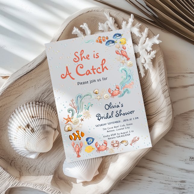 Watercolor She is Catch Ocean Theme Bridal Shower Invitation (Creator Uploaded)
