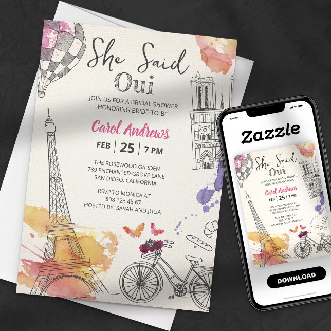 Watercolor She Said Oui Eiffel Tower Bridal Shower Invitation (Creator Uploaded)