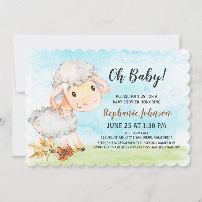 Watercolor Sheep Baby Shower Farm Invitation (Front)