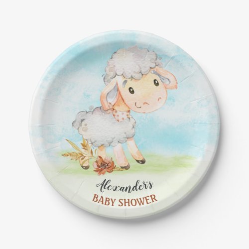 Watercolor Sheep Baby Shower Farm Paper Plates