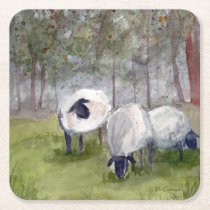 Watercolor Sheep Landscape Square Paper Coaster