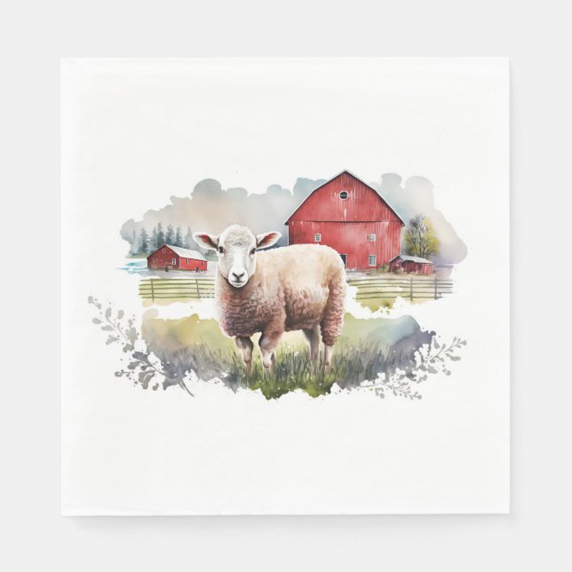 Watercolor Sheep With Red Barn Napkins (Front)