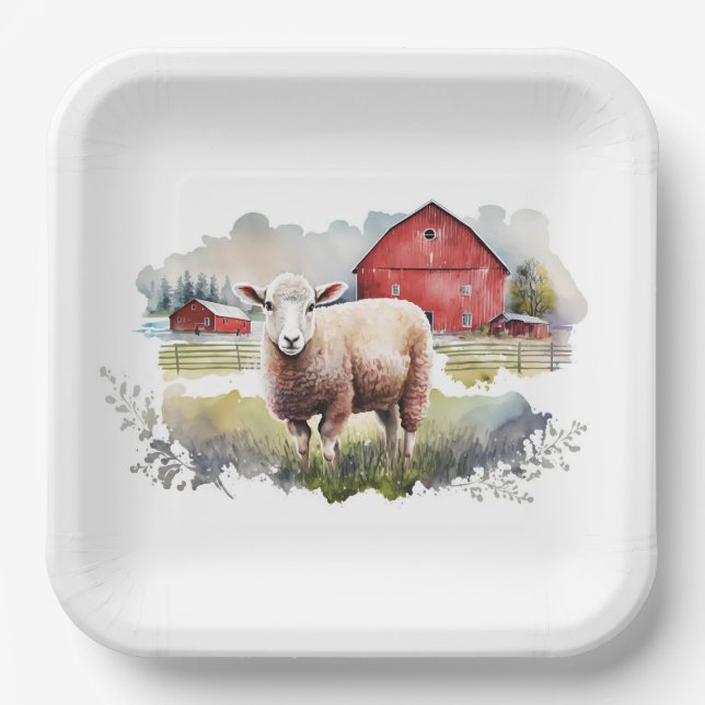 Watercolor Sheep With Red Barn Paper Plates (Front)