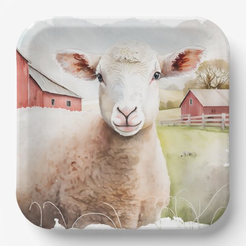Watercolor Sheep With Red Barn Paper Plates