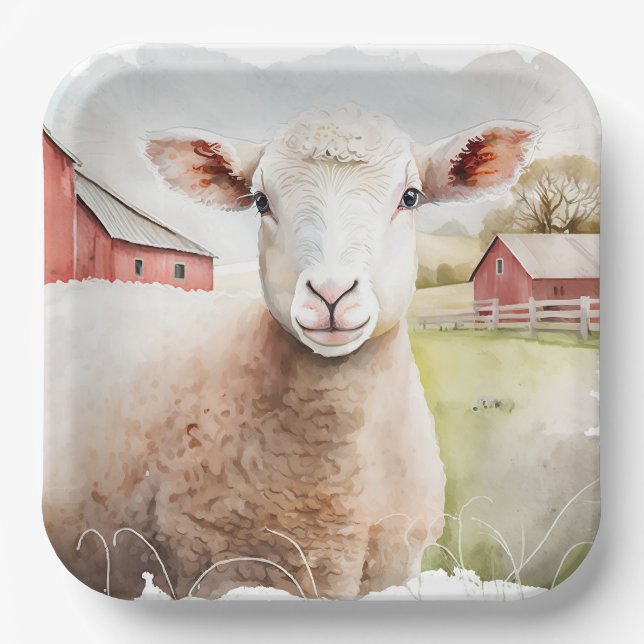 Watercolor Sheep With Red Barn Paper Plates (Front)