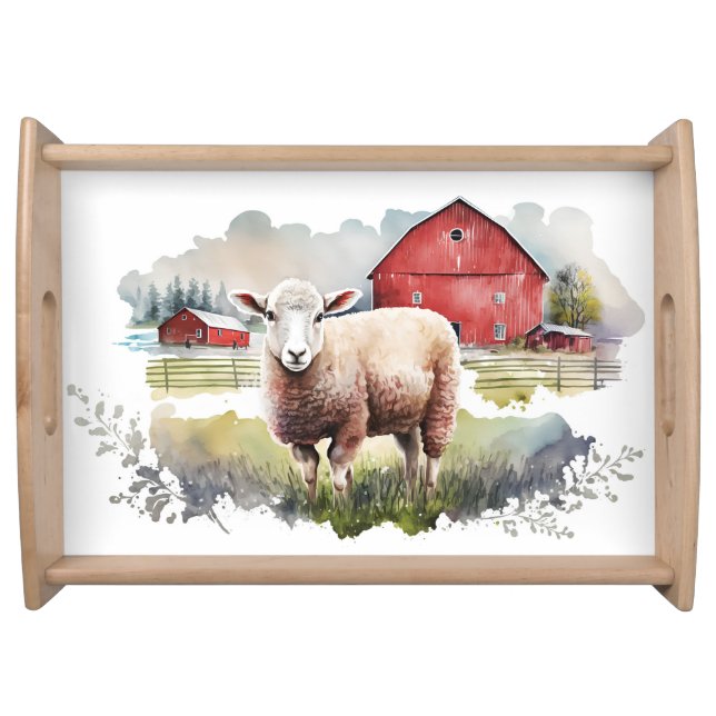 Watercolor Sheep With Red Barn Serving Tray (Front)