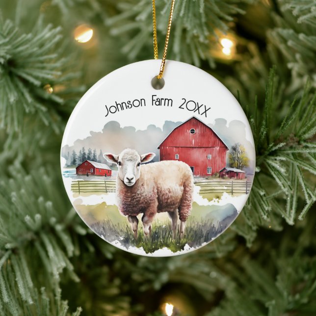 Watercolor Sheep with Red Barns Ceramic Ornament (Tree)