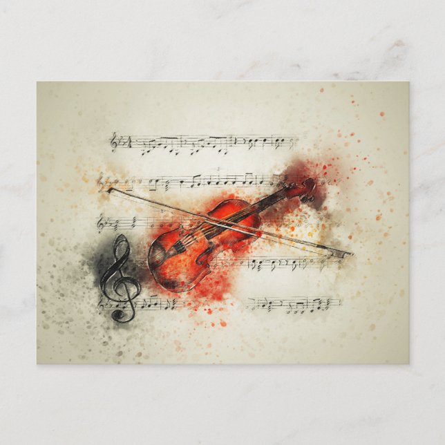 Watercolor Sheet Music and Violin Postcard (Front)