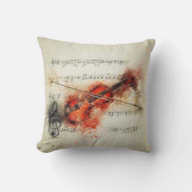 Watercolor Sheet Music and Violin Throw Pillow (Front)
