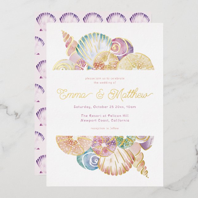 Watercolor Shell Under the Sea Wedding Foil Invitation (Front/Back)
