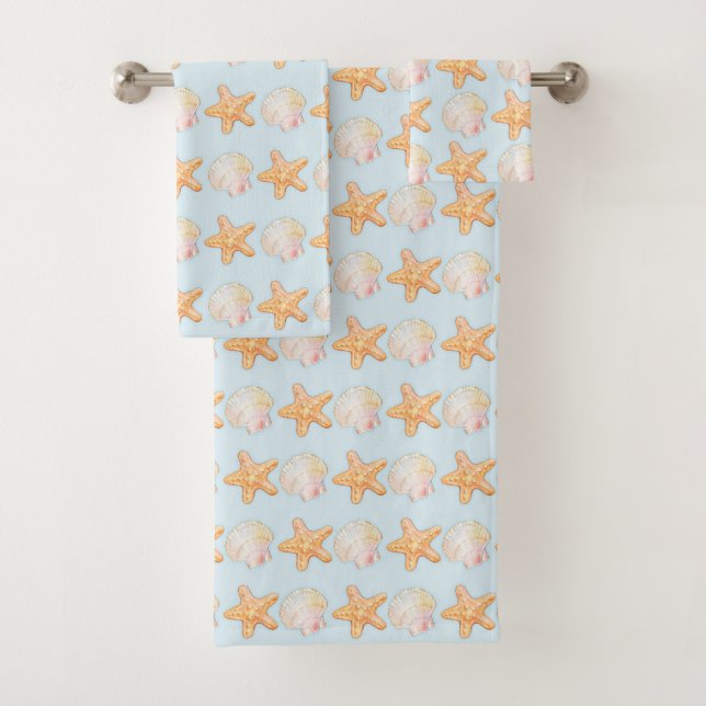 Watercolor shells and starfish bath towel set (Insitu)