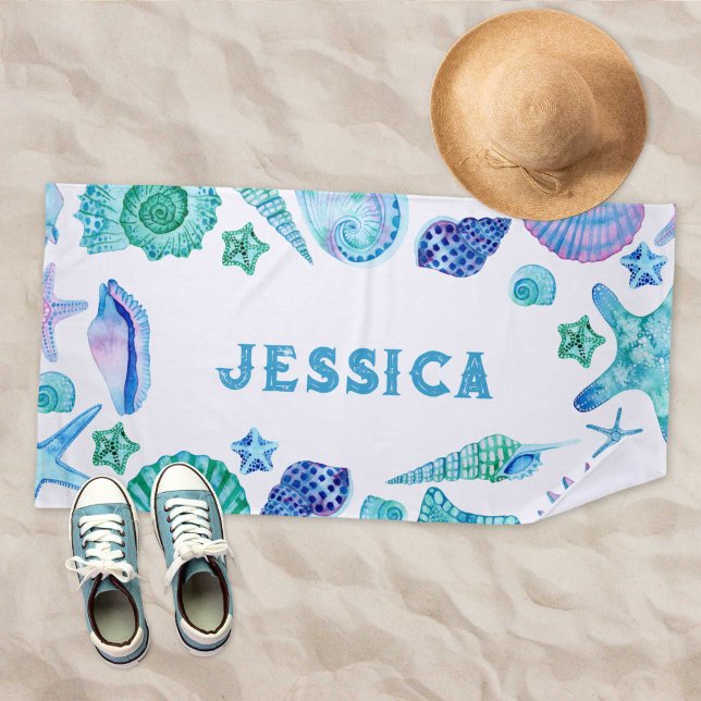 Watercolor Shells and Starfish Name Summer Beach Towel (Watercolor Shells and Starfish Name Summer Beach Towel)