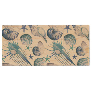 Watercolor Shells Wood USB Flash Drive