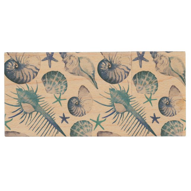 Watercolor Shells Wood USB Flash Drive (Front)