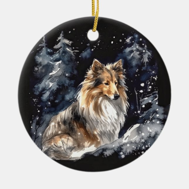 Watercolor Sheltie Christmas Ceramic Ornament (Front)