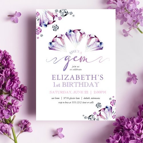 Watercolor Shes a Gem First Birthday Invitation