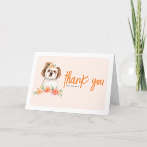 Watercolor Shih Tzu and Peach Flower Dog Birthday Thank You Card
