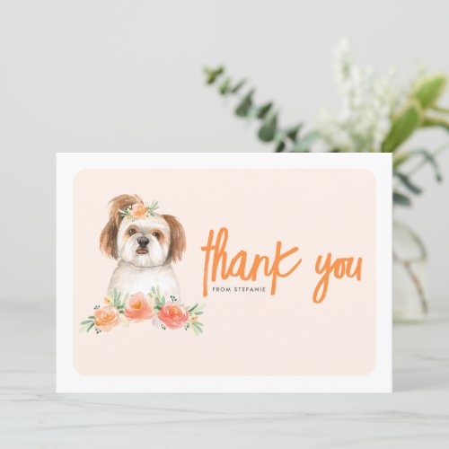 Watercolor Shih Tzu and Peach Flowers Birthday Thank You Card