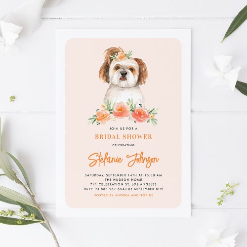 Watercolor Shih Tzu and Peach Flowers Dog Birthday Invitation