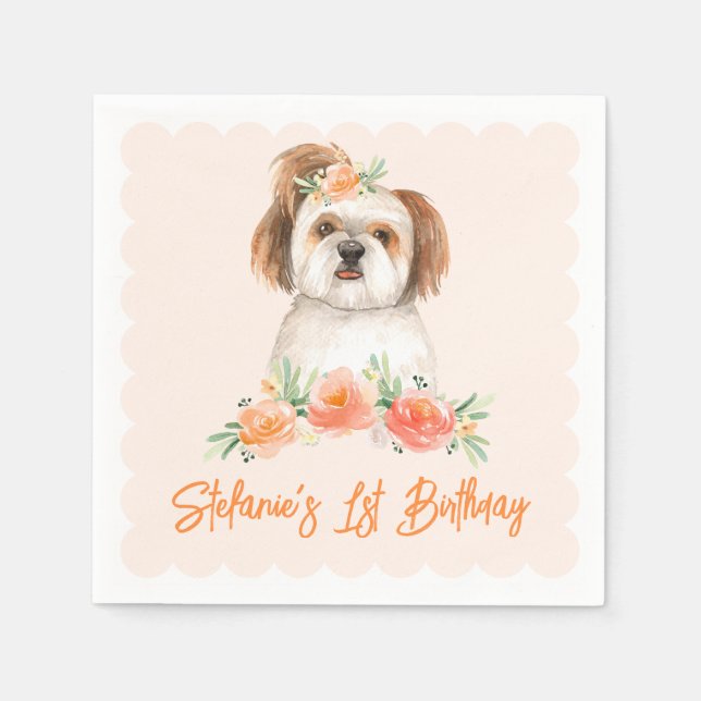 Watercolor Shih Tzu and Peach Flowers Dog Birthday Napkins (Front)
