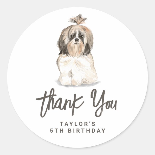 Watercolor Shih Tzu Dog Birthday Thank You Classic Round Sticker (Front)