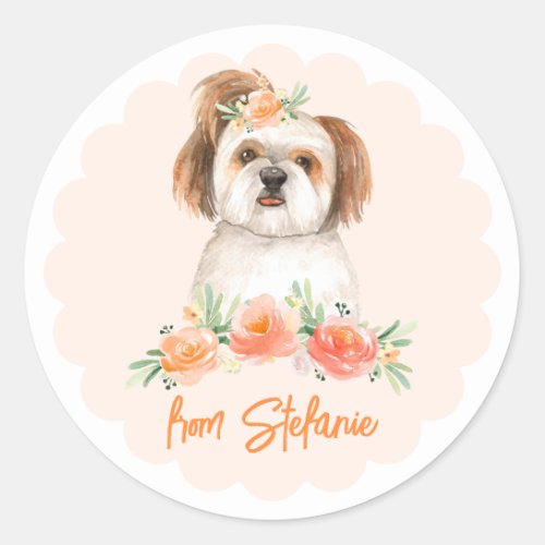 Watercolor Shih Tzu Peach Floral Dog Birthday Classic Round Sticker