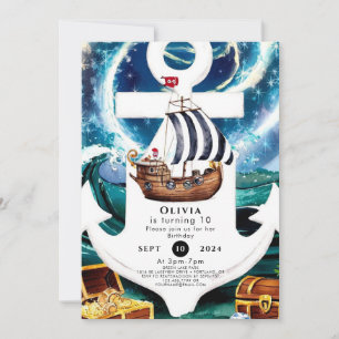 Watercolor Ship Fun Pirate Birthday Invitation