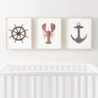 Watercolor Ship Wheel Lobster Anchor Nautical
