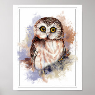 Watercolor Shocked Looking Saw Whet Owl Poster