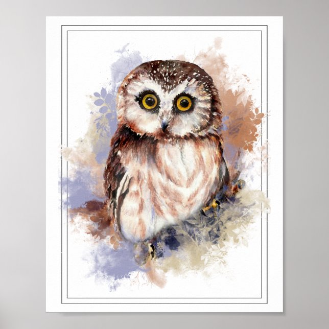 Watercolor Shocked Looking  Saw Whet Owl Poster (Front)