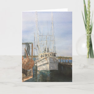 Watercolor Shrimp Boat Coastal Fishing Ocean Letterpress Thank You Card