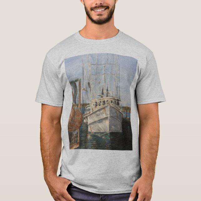 Watercolor Shrimp Boat Coastal Fishing T-Shirt  (Front)