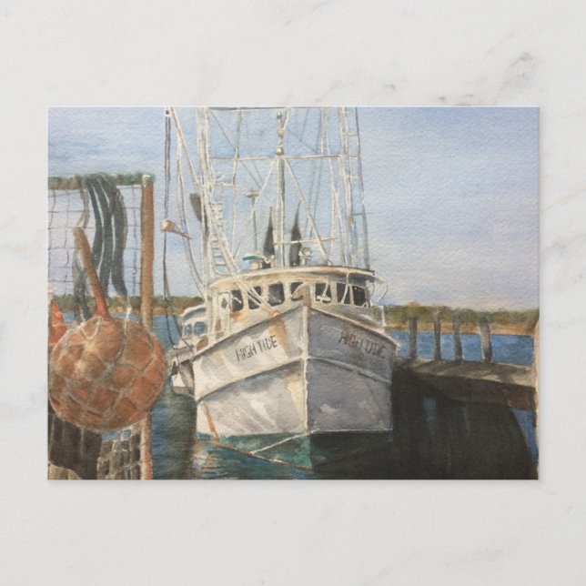 Watercolor Shrimp Boat Coastal Invitation Postcard (Front)
