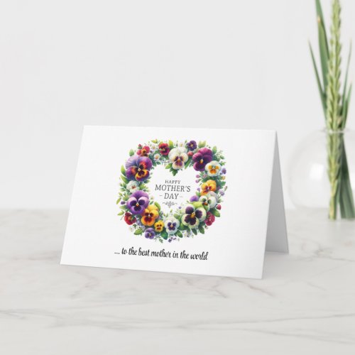 Watercolor shy pansy heart wreath Mothers Day Card