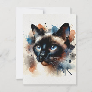 Watercolor Siamese Cat Colorful Portrait Postcard
