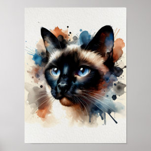 Watercolor Siamese Cat Colorful Portrait Poster