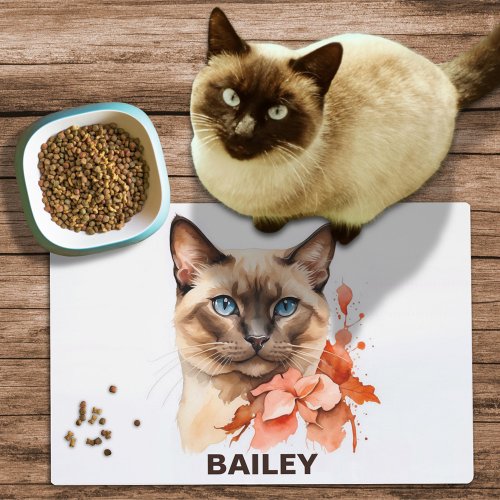 Watercolor Siamese Cat Pet Food Mat