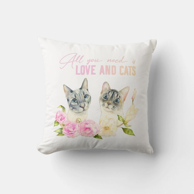 Watercolor Siamese Cat Typography Throw Pillow (Front)