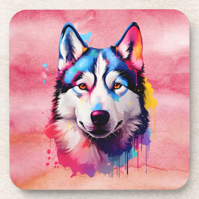 Watercolor Siberian Husky Colorful Art Beverage Coaster (Front)