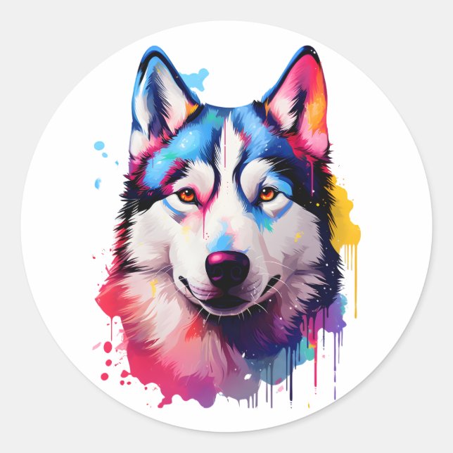 Watercolor Siberian Husky Colorful Art Classic Round Sticker (Front)