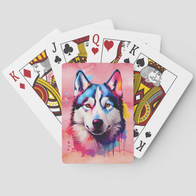 Watercolor Siberian Husky Colorful Art Poker Cards (Back)