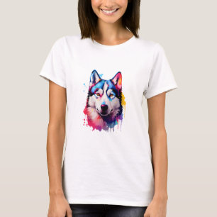 Watercolor Siberian Husky Colorful Art T-Shirt