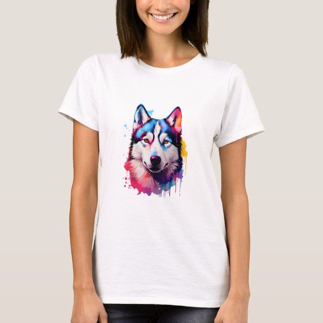 Watercolor Siberian Husky Colorful Art T-Shirt (Front)